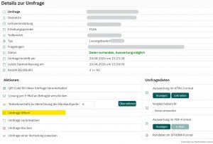 Bildschirmseite Umfragedetails mit Funktion zum öffnen der Umfrage