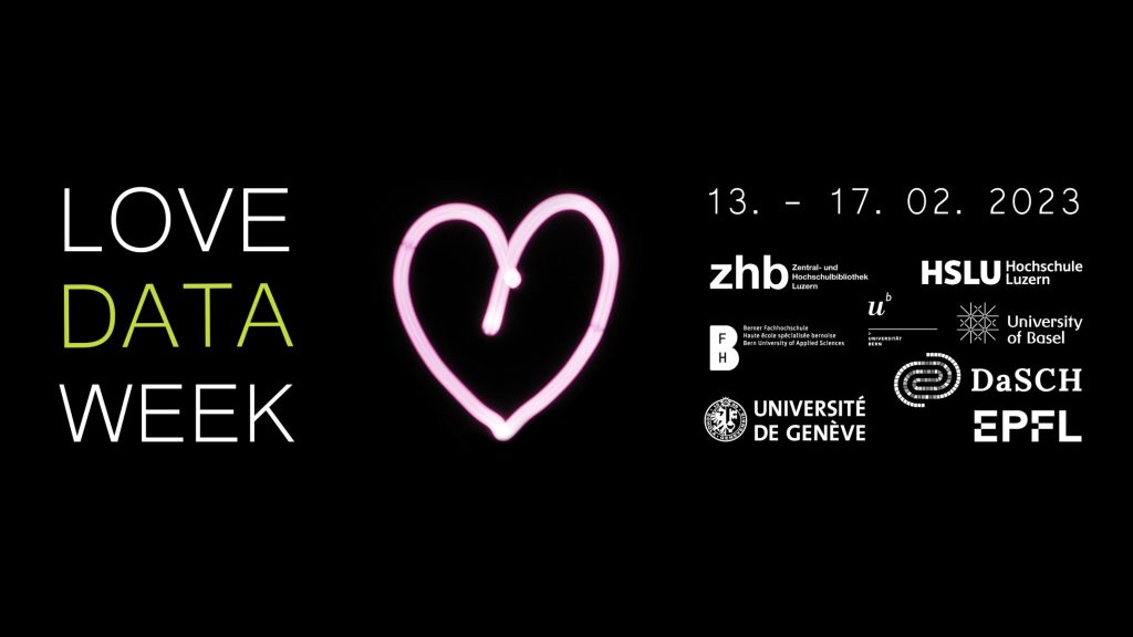 Banner Love Data Week 2023 zhb, hslu, bfh, uni Bern, Uni Basel, Uni Geneve, EPFL, DaSCH