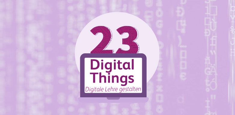 Logo von 23 Digital Things mit pinkem Schriftzug 23 auf einem violett gehaltenem Bildschirm, in dem Digital Things steht