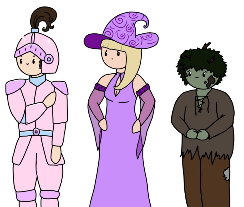 From left to right: A Knight in shining armor and a smile, a Witch with a mean face, a small timid looking Troll.