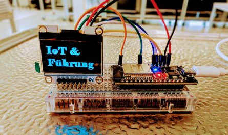 IoT-Komponenten mit Schriftzug "IoT & Führung" auf dem Display
