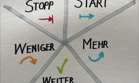 Visualisierung des Seestern-Retroformats mit fünf Gefässen zur Reflexion zu Teamprozessen: Start, Stopp, Weniger, Mehr, Weiter