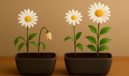 Vier Gänseblümchen in zwei identischen rechteckigen Pflanzgefässen: links eine gesunde und eine welke Pflanze, rechts eine gesunde und eine besonders vitale Pflanze.