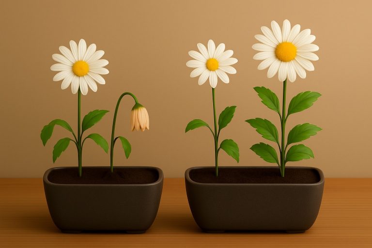 Vier Gänseblümchen in zwei identischen rechteckigen Pflanzgefässen: links eine gesunde und eine welke Pflanze, rechts eine gesunde und eine besonders vitale Pflanze.