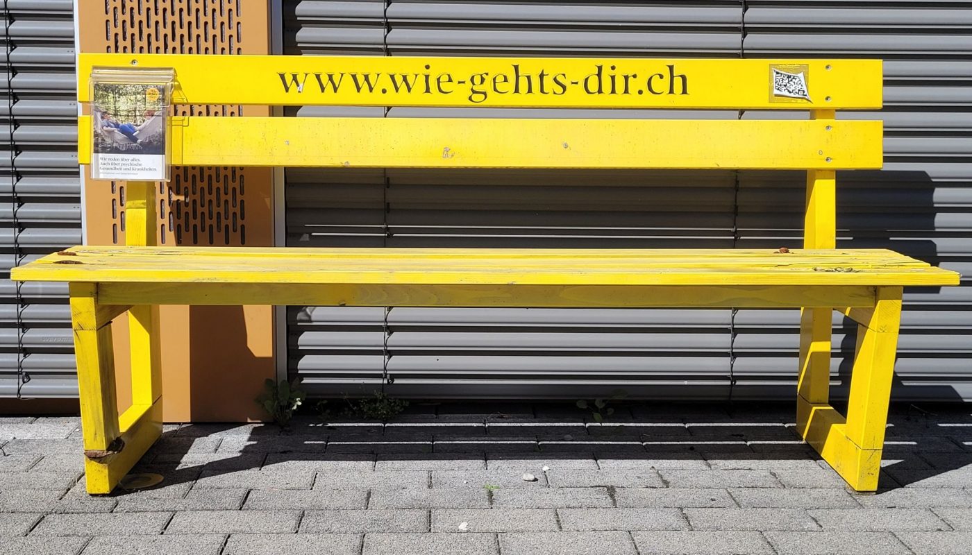 Bänkli der Kampagne „Wie geht’s dir?“ der Schweizerischen Stiftung Pro Mente Sana und der Deutschschweizer Kantone