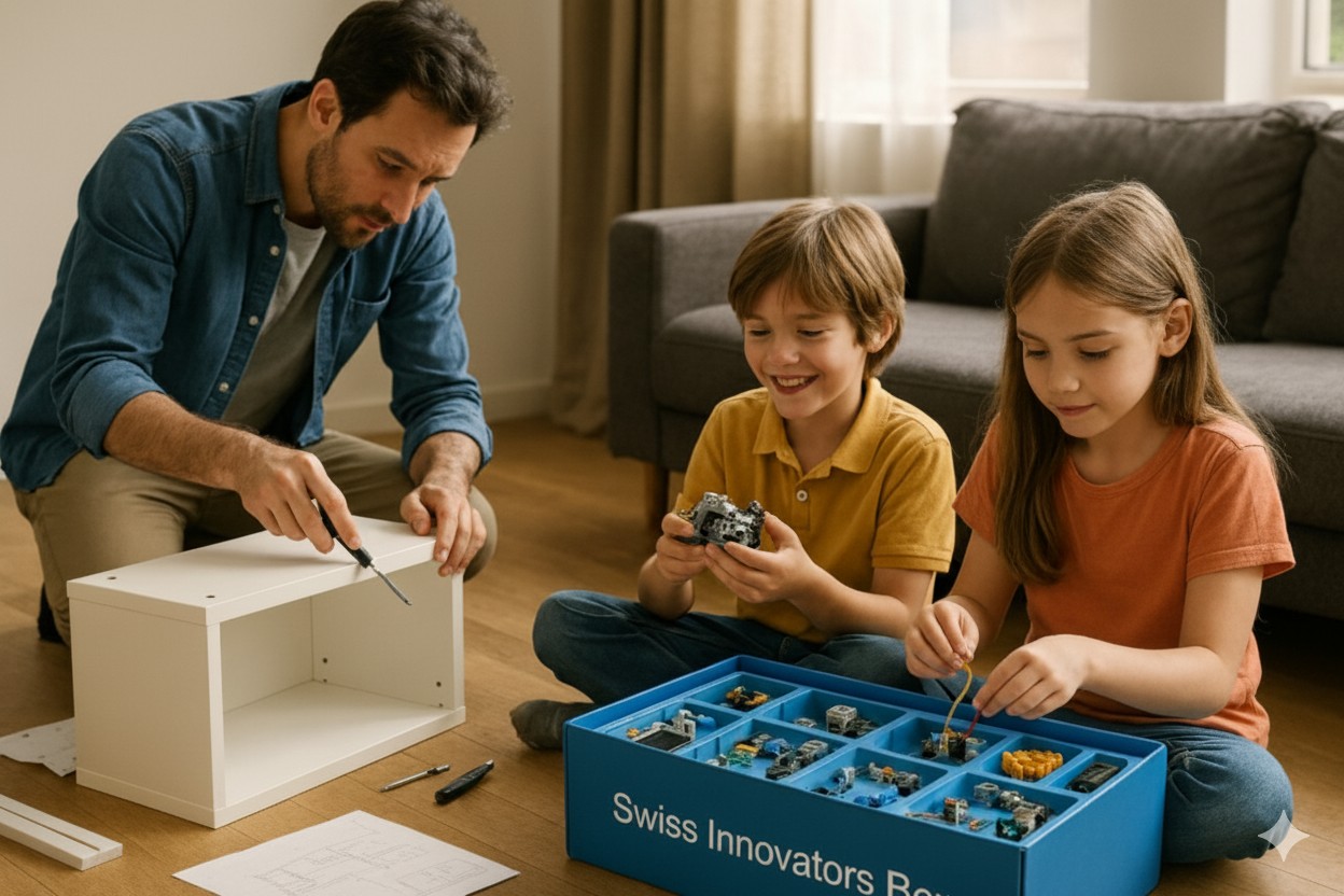 Vater baut Regal, Kinder spielen mit der neuen Swiss Innovators Box