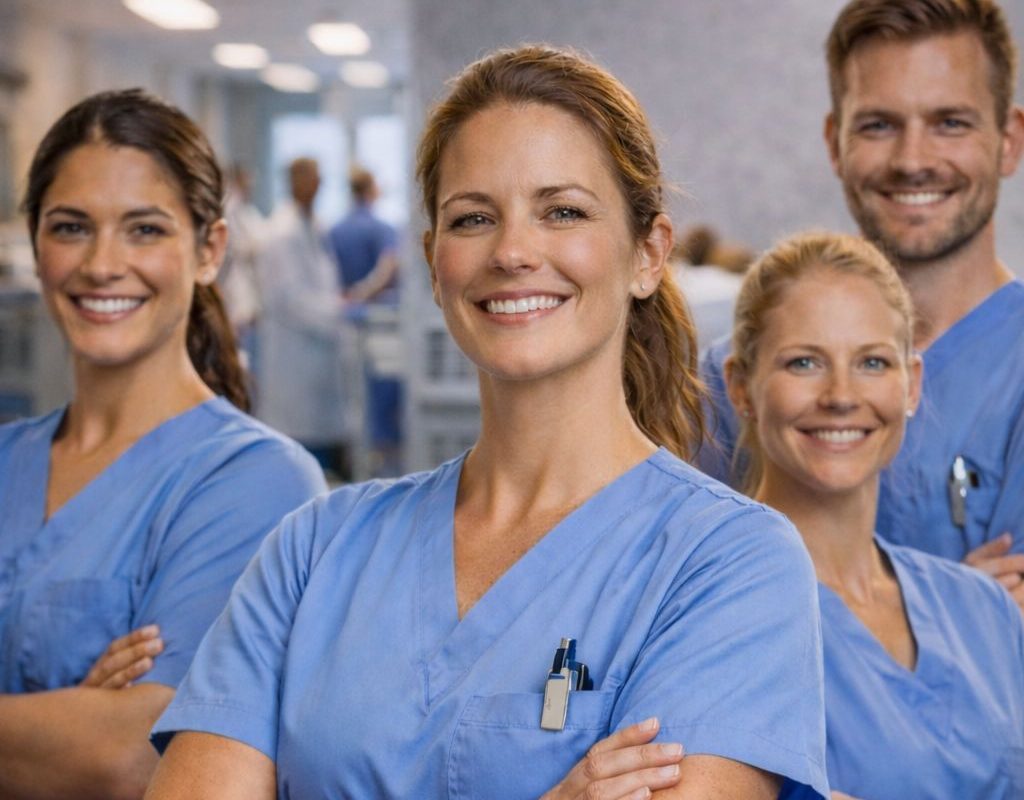 Das Bild zeigt ein Team von stolzen Pflegefachpersonen.