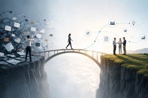 Symbolische Darstellung des Übergangs von fragmentierten digitalen Prozessen hin zu vernetzter Zusammenarbeit zwischen Mensch und KI.