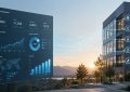 Ein digitales Dashboard mit Kennzahlen und Diagrammen, dessen Datenströme zu einem modernen Bürogebäude führen, das mit Symbolen für Gebäudetechnik, Beleuchtung, Klima, Sicherheit und Energiemanagement beschriftet ist
