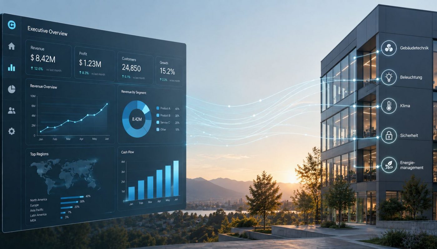 Ein digitales Dashboard mit Kennzahlen und Diagrammen, dessen Datenströme zu einem modernen Bürogebäude führen, das mit Symbolen für Gebäudetechnik, Beleuchtung, Klima, Sicherheit und Energiemanagement beschriftet ist