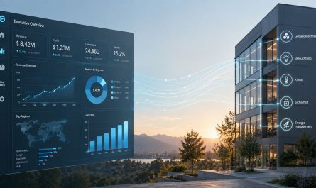 Ein digitales Dashboard mit Kennzahlen und Diagrammen, dessen Datenströme zu einem modernen Bürogebäude führen, das mit Symbolen für Gebäudetechnik, Beleuchtung, Klima, Sicherheit und Energiemanagement beschriftet ist
