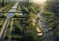 Ein bild welches in zwei Teile aufgeteilt ist. Links eine sehr strukturierte Landschaft, rechts ein natürlicher Fluss. KI generiert