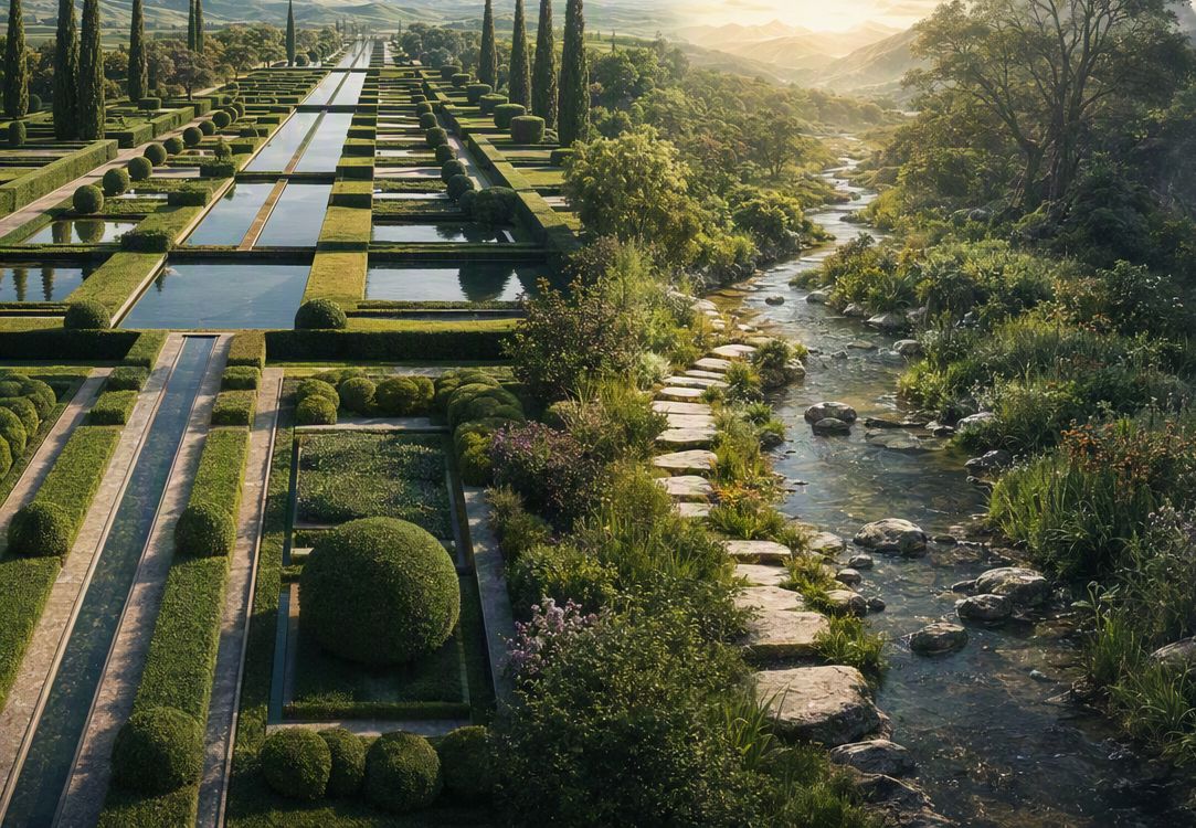 Ein bild welches in zwei Teile aufgeteilt ist. Links eine sehr strukturierte Landschaft, rechts ein natürlicher Fluss. KI generiert