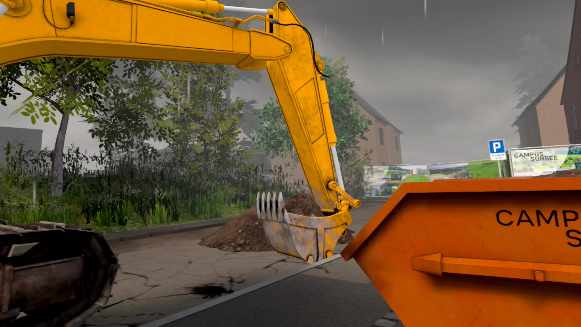 Virtuelle Baustellenszene mit Bagger bei Regen nach einem Hydrauliköl-Austritt.