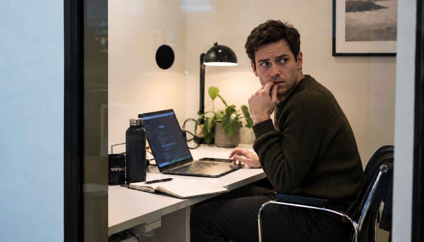 Symbolbild zu KI am Arbeitsplatz: Ein Mann sitzt allein in einem kleinen Büro hinter einer Glasscheibe vor einem Laptop und einem offenen Notizbuch. Mit der Hand am Mund blickt er nachdenklich zur Seite.