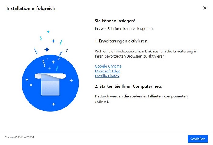 Printscreen von der erfolgreichen Installation mit Links zu Browsererweiterungen