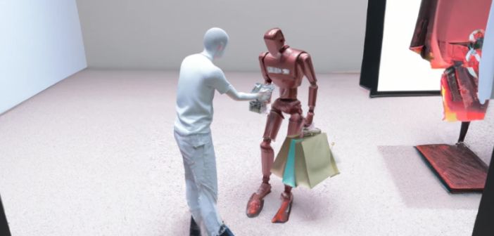 Robot helping a man shopping