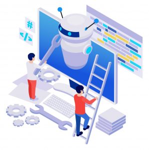 Illustration von zwei Personen, die einen Roboter auf einem Bildschirm mit Werkzeugen und Code im Hintergrund warten, symbolisiert den Start eines RPA-Projekts.