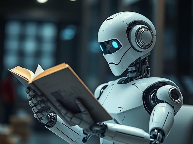 Ein Roboter liest ein Buch.