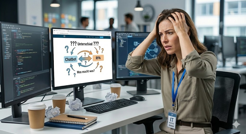 Eine IT-Mitarbeiterin sitzt frustriert und mit den Händen über dem Kopf vor ihrem Monitor. Auf dem Bildschirm ist ein chaotisches Diagramm mit vielen Fragezeichen und den Begriffen "Chatbot" und "RPA" zu sehen, was ihre Verwirrung über den Unterschied symbolisiert.