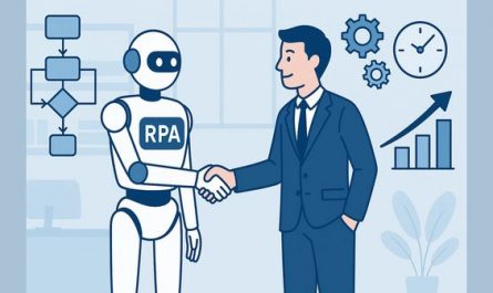 Mitarbeiter schüttelt einem Roboter mit RPA-Label die Hand, daneben Symbole für Prozessablauf, Zahnräder, Uhr und wachsendes Diagramm als Zeichen für Automatisierung und Zeiteinsparung.