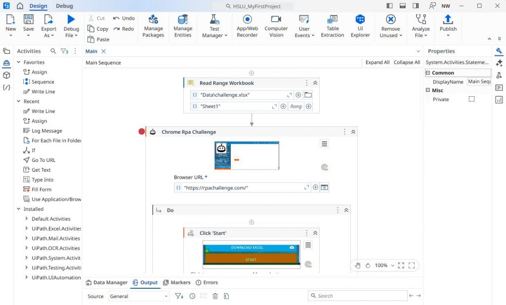 Bildschirmfoto von UiPath Studio mit Ablauf für die RPA Challenge im Browser