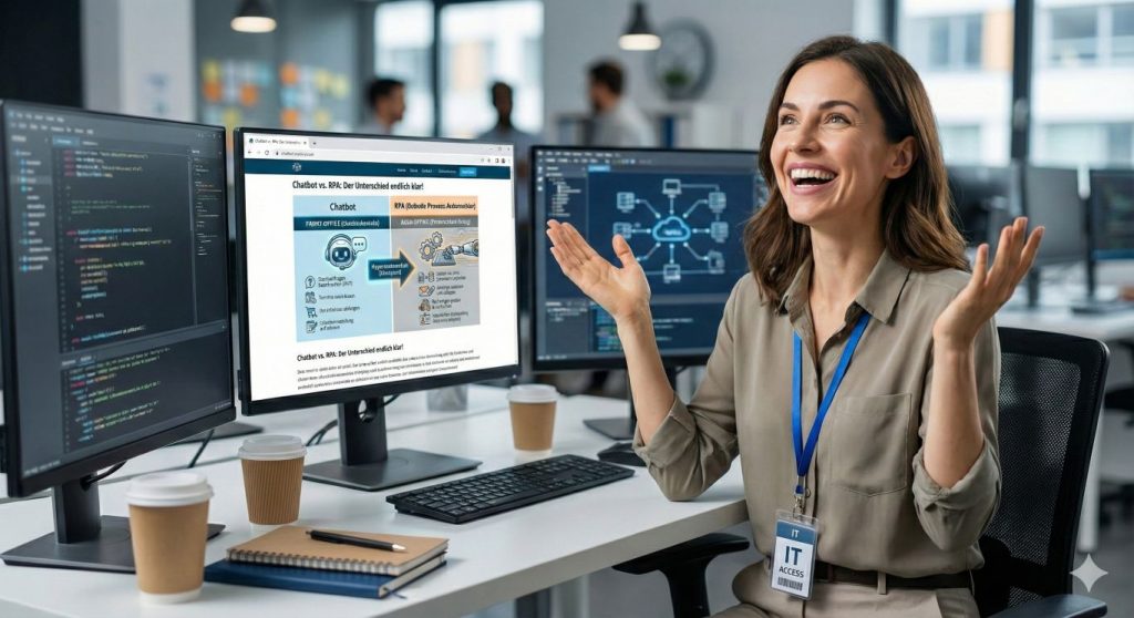 Eine junge IT-Spezialistin sitzt in einem modernen Büro vor ihrem Laptop und lächelt begeistert. Im Hintergrund sind stilisierte Grafiken von Chatbots und Zahnrädern zu sehen, die symbolisieren, dass sie den Unterschied der Technologien verstanden hat.