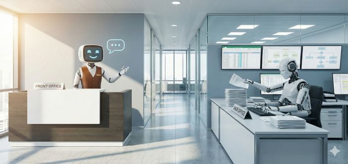 Eine geteilte Büro-Szene: Links steht ein freundlicher Roboter als Concierge an einem Empfang mit der Aufschrift "FRONT OFFICE" und einer Sprechblase. Rechts sitzt ein technischer Roboter an einem Schreibtisch mit der Aufschrift "BACK OFFICE", der Aktenstapel bearbeitet und Daten in Excel eingibt.