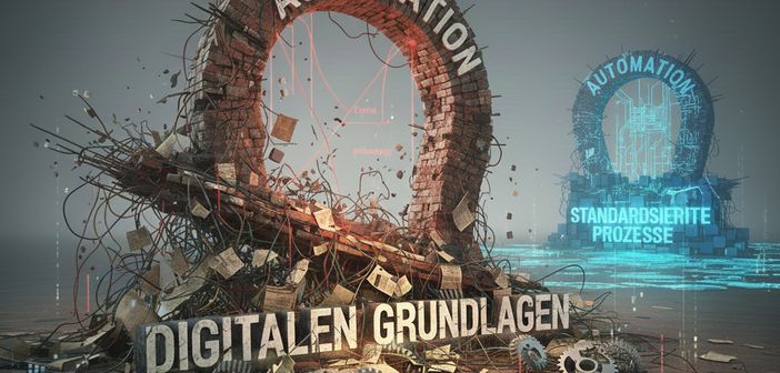 Symbolische Darstellung von Automatisierung ohne digitale Grudnlagen im Vergleich zu standartisierten Prozessen.