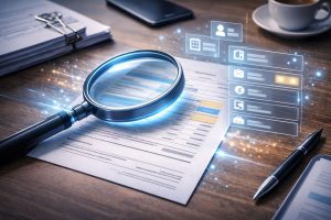 Futuristische Lupe analysiert ein Dokument auf einem Schreibtisch und visualisiert intelligentes Document Processing.