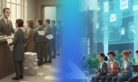 Ein Symbolbild, das den Kontrast zwischen einem klassischen Verwaltungsschalter und modernen, digitalen Self-Service-Terminals zeigt.