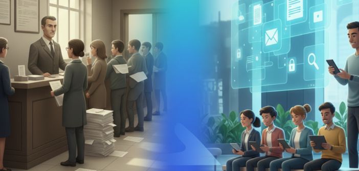 Ein Symbolbild, das den Kontrast zwischen einem klassischen Verwaltungsschalter und modernen, digitalen Self-Service-Terminals zeigt.