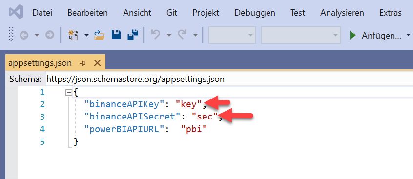 Einfügen von API Key, Secret und URL