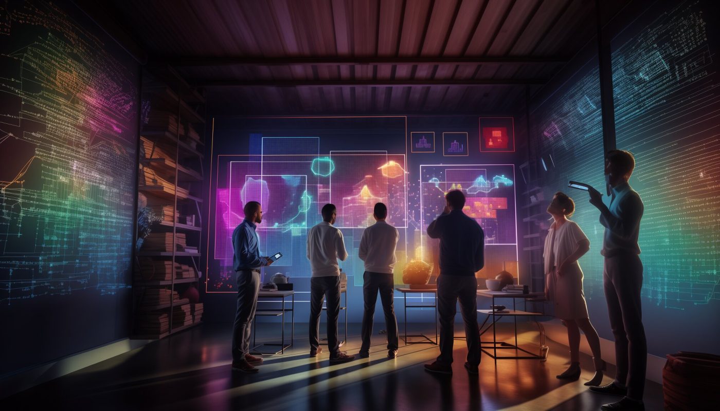 a group of software engineers looking at light dots, colorful charts and colorful graphs as holograms in a bright room, volumetric lighting
