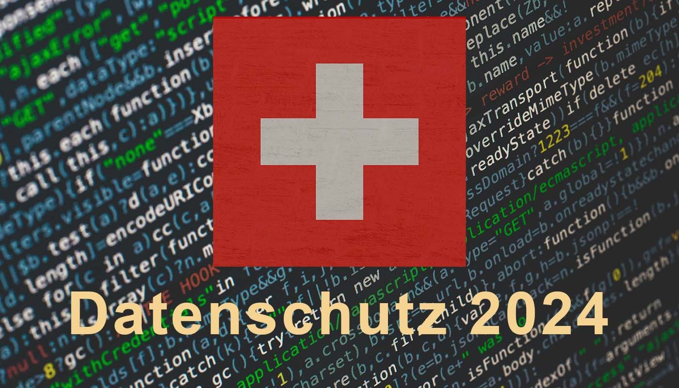 Das Bild zeigt im Hintergrund Daten mit einem Schweizer Kreutz in der Mitte oben und dem Titel Datenschutz 2024.