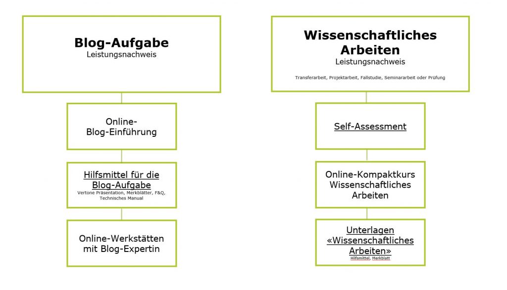 Wir unterstützen Sie bei dieser Blog-Aufgabe mit einer Einführung und einem Set an Hilfsmitteln, Manuals und Merkblättern. Sie können freiwillig an mehreren offenen Online-Werkstätten teilnehmen.