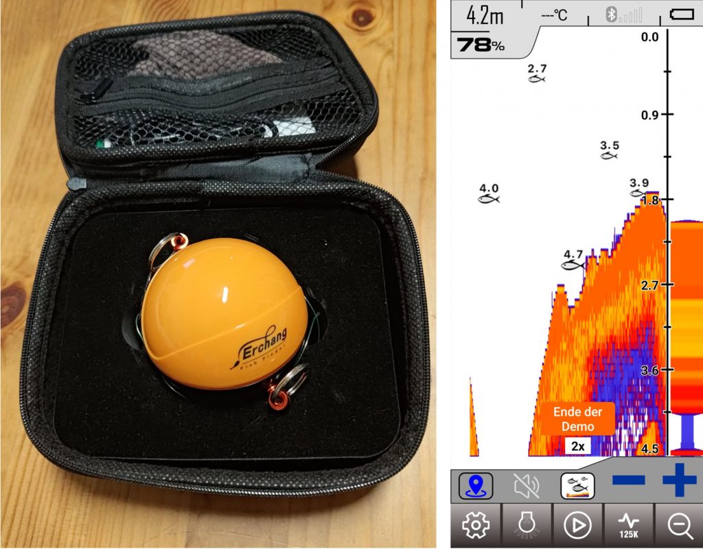  Dies ist mein mobiles Echolot Fish Finder Erchang F68 kostengünstig und einfache Anwendung. Die Tiefe zeigt dieser Fishfinder sehr gut, ob die Angabenstimmen bezüglich der Fische ist etwas fragwürdig manchmal ;-)