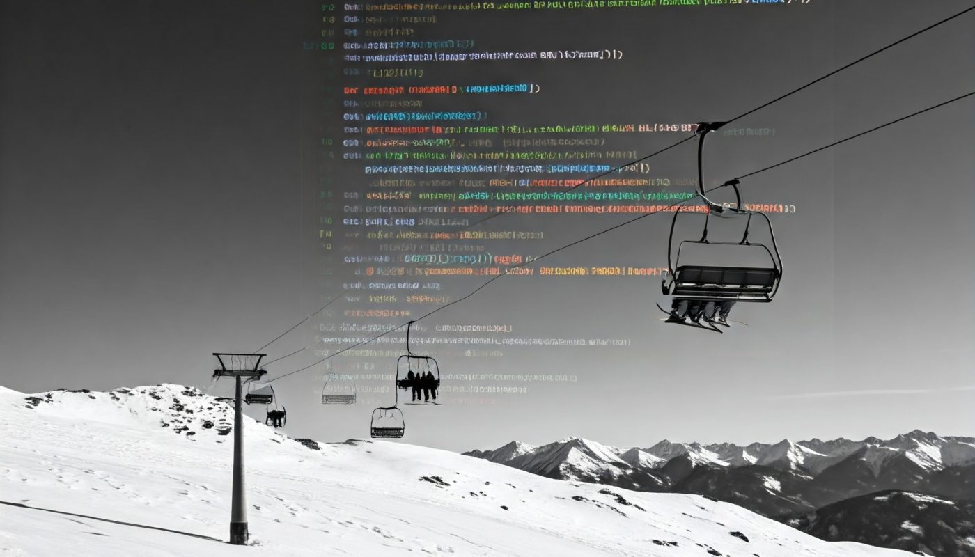 AI Generiert Google Gemini 2.0: Skigebiet mit Code im Hintergrund