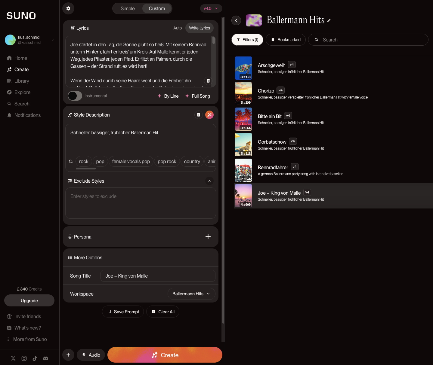 Printscreen der Suno AI Prompts, welche die Ausgabe des Songs beeinflussen