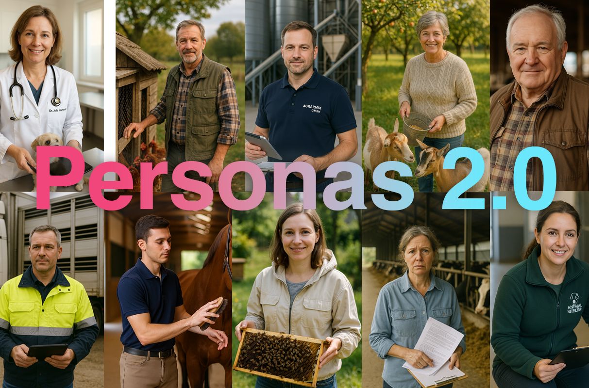 Collage mit zehn Personen aus unterschiedlichen Bereichen der Tier- und Landwirtschaft; über ihnen prangt gross der Schriftzug „Personas 2.0“ in Farbverlauf von Pink zu Blau.