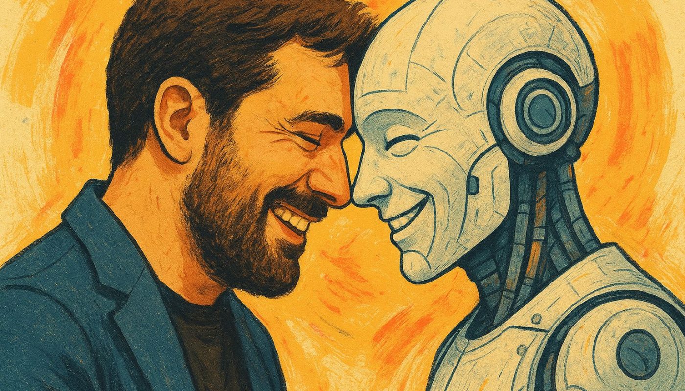 Mann und humanoider Roboter berühren sanft die Stirn, beide lächeln.