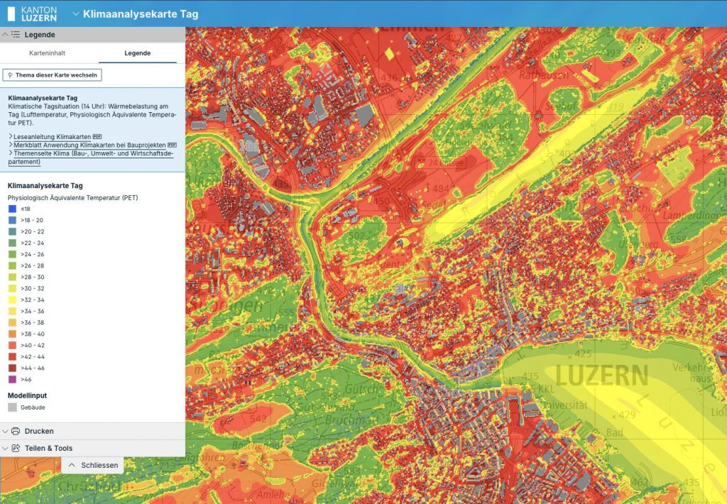 Stark verdichtete Böden und Flächen zeigen auf der Klimaanalysekarte rot. Dort ist es für den Menschen fühlbar heiss. (Bildquelle: Geoportal Luzern)