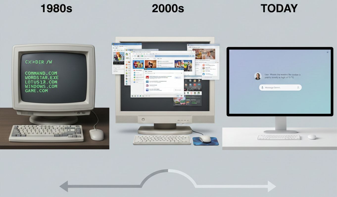 Computer UI evolution from command line over increasing graphics back to chat interface