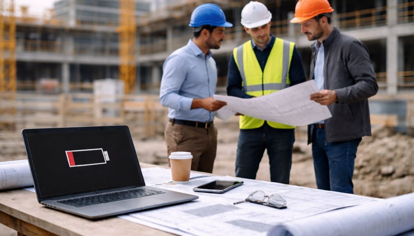 Baustellenbesprechung mit Laptop ohne Akku