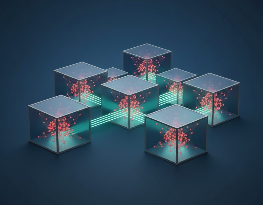 Abstrakte Darstellung modularer Software-Systeme mit transparenten Verbindungen zwischen einzelnen Komponenten.