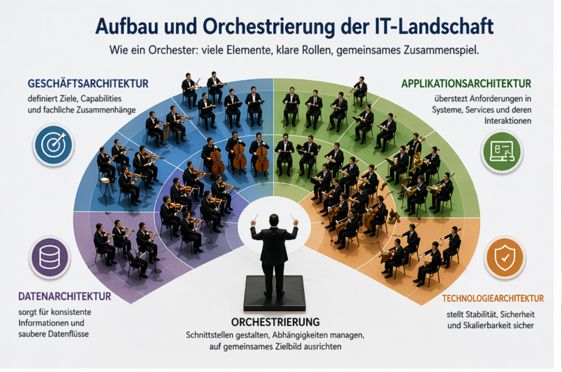 Orchester in Segmenten (Farben) als Metapher für Architekturdomänen.Quelle: Erstellt mit ChatGPT (DALL·E) 