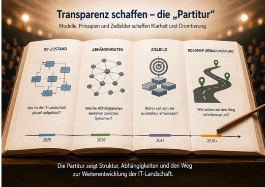 Offenes Notenbuch mit Diagrammen (Ist, Abhängigkeiten, Zielbild, Roadmap).Quelle: Erstellt mit ChatGPT (DALL·E) 