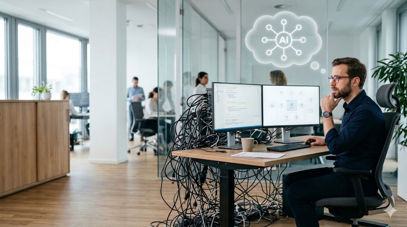 Moderner Arbeitsplatz mit KI-Symbolik und einem chaotischen Netzwerk aus Kabeln unter dem Schreibtisch als Zeichen für Systemkomplexität.