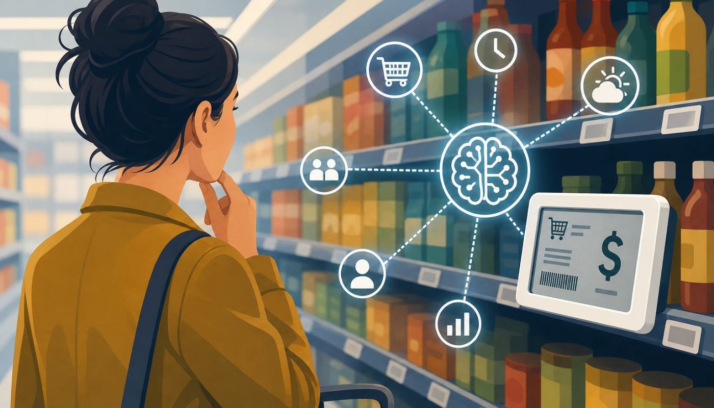 Interaktion von Konsument mit einem digitalen Preisschild im Einzelhandel