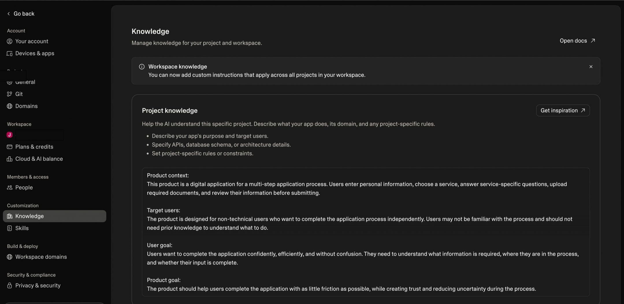Screenshot: In den Einstellungen unter „Settings“ und „Knowledge“ können dauerhafte Anforderungen direkt im Projekt gespeichert werden. 